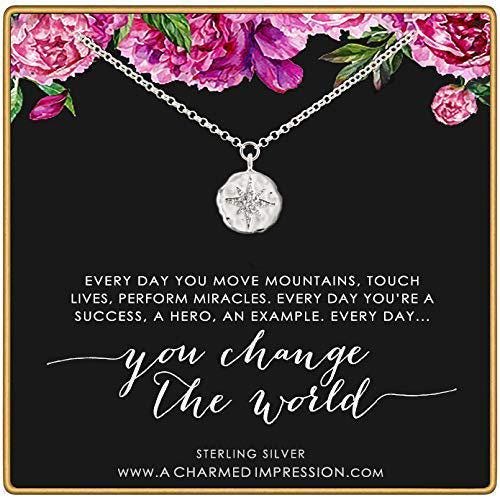 Inspirational Diamond Starburst Necklace: Sterling Silver North Star Compass