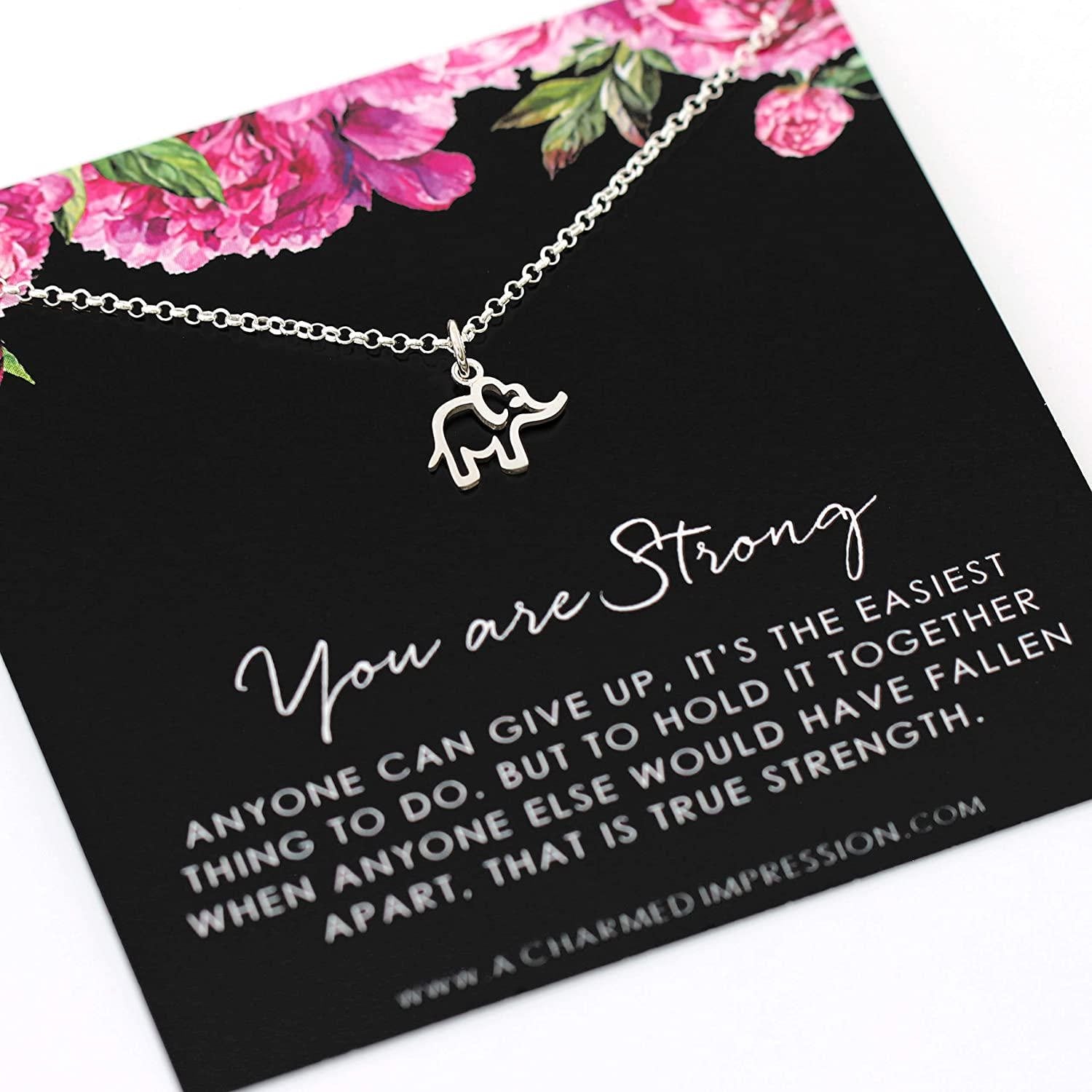 You Are Strong Necklace: Inspirational Silver Elephant Pendant