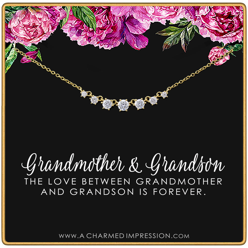 Grandma Gift: 7 Crystal Necklace, Gold or Silver, Grandmother Grandson