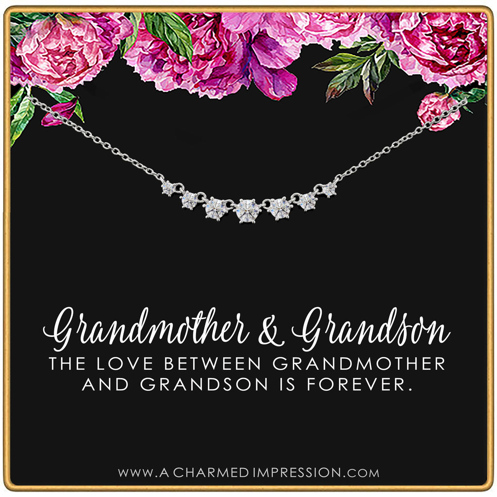 Grandma Gift: 7 Crystal Necklace, Gold or Silver, Grandmother Grandson