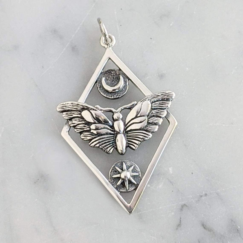 Sterling Silver Moth Necklace: Sun & Moon Pendant, Adjustable Chain