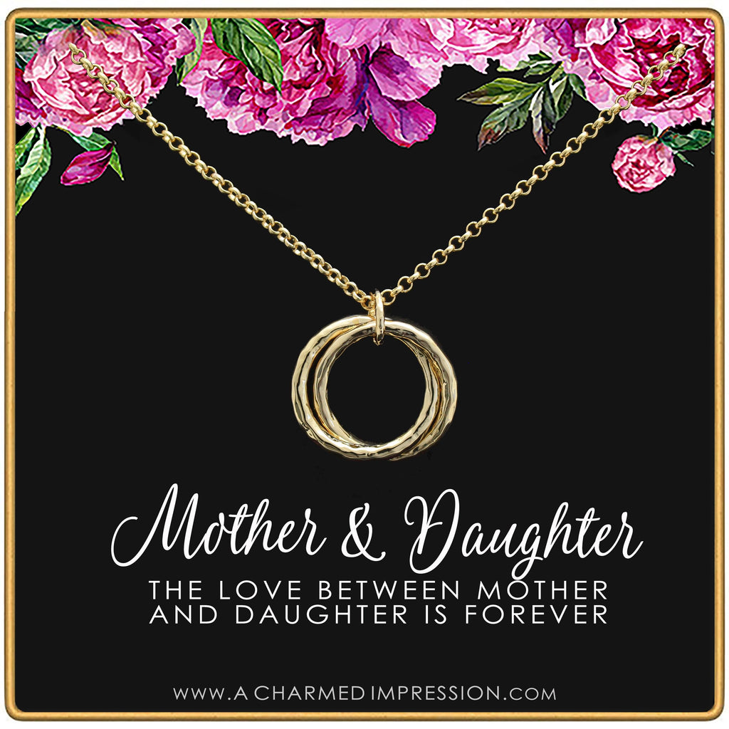 Mother Daughter Necklace: Sterling Silver or 14k Gold Filled Hammered Interlocking Circles Pendant