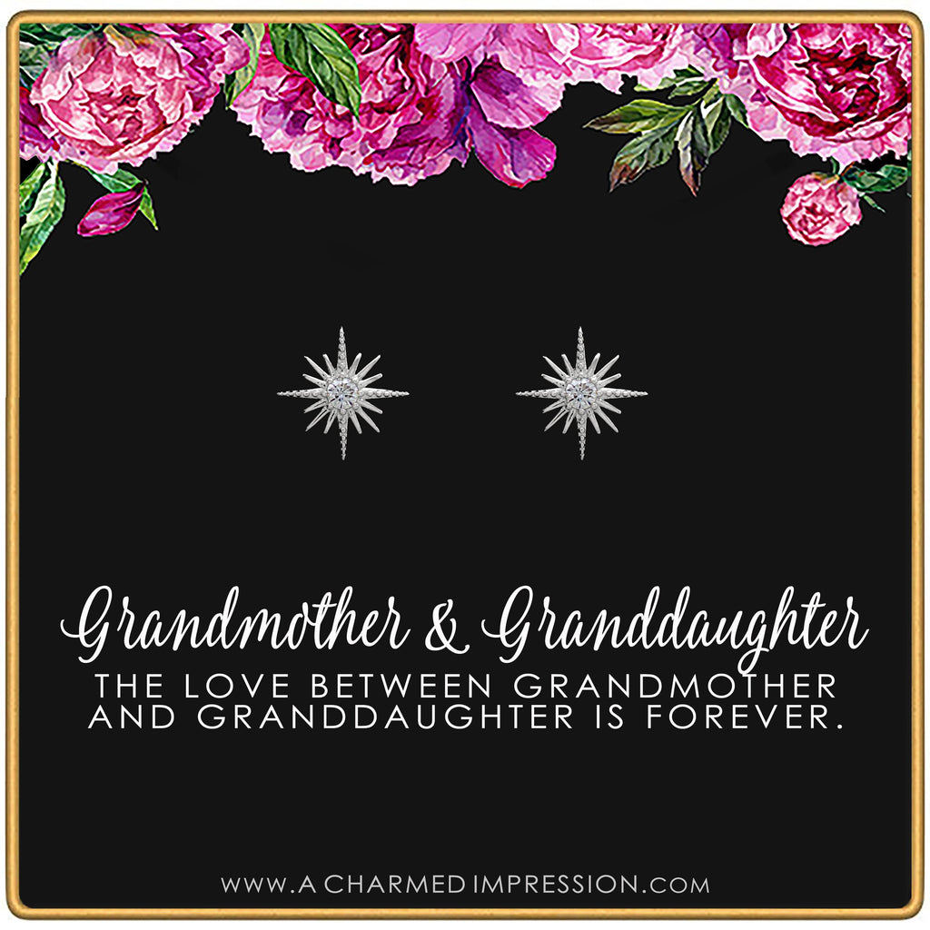 Starburst Earrings: Silver CZ, Grandmother Granddaughter Gift