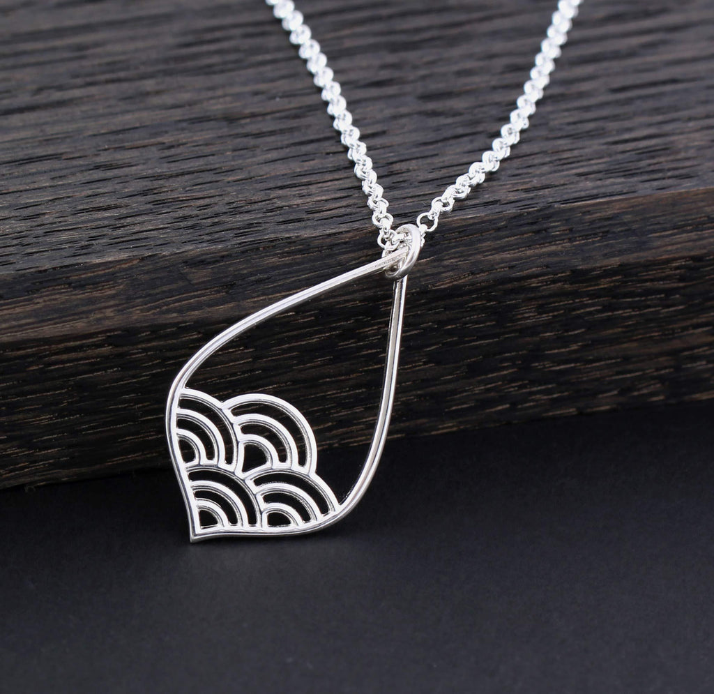 Sterling Silver Wave Teardrop Necklace: Minimalist Modern Pendant