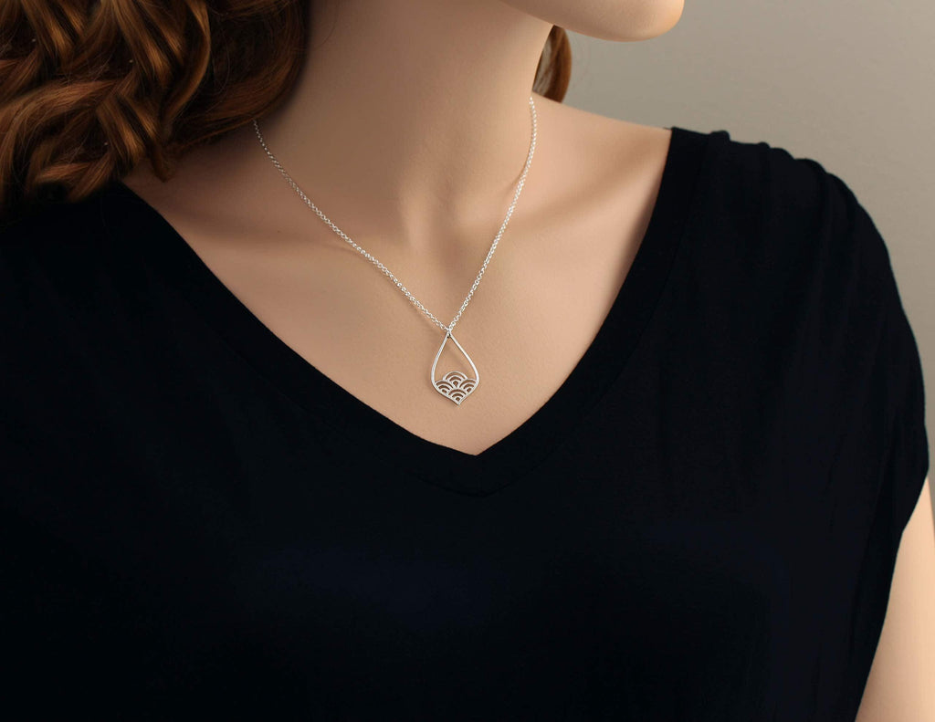 Sterling Silver Wave Teardrop Necklace: Minimalist Modern Pendant