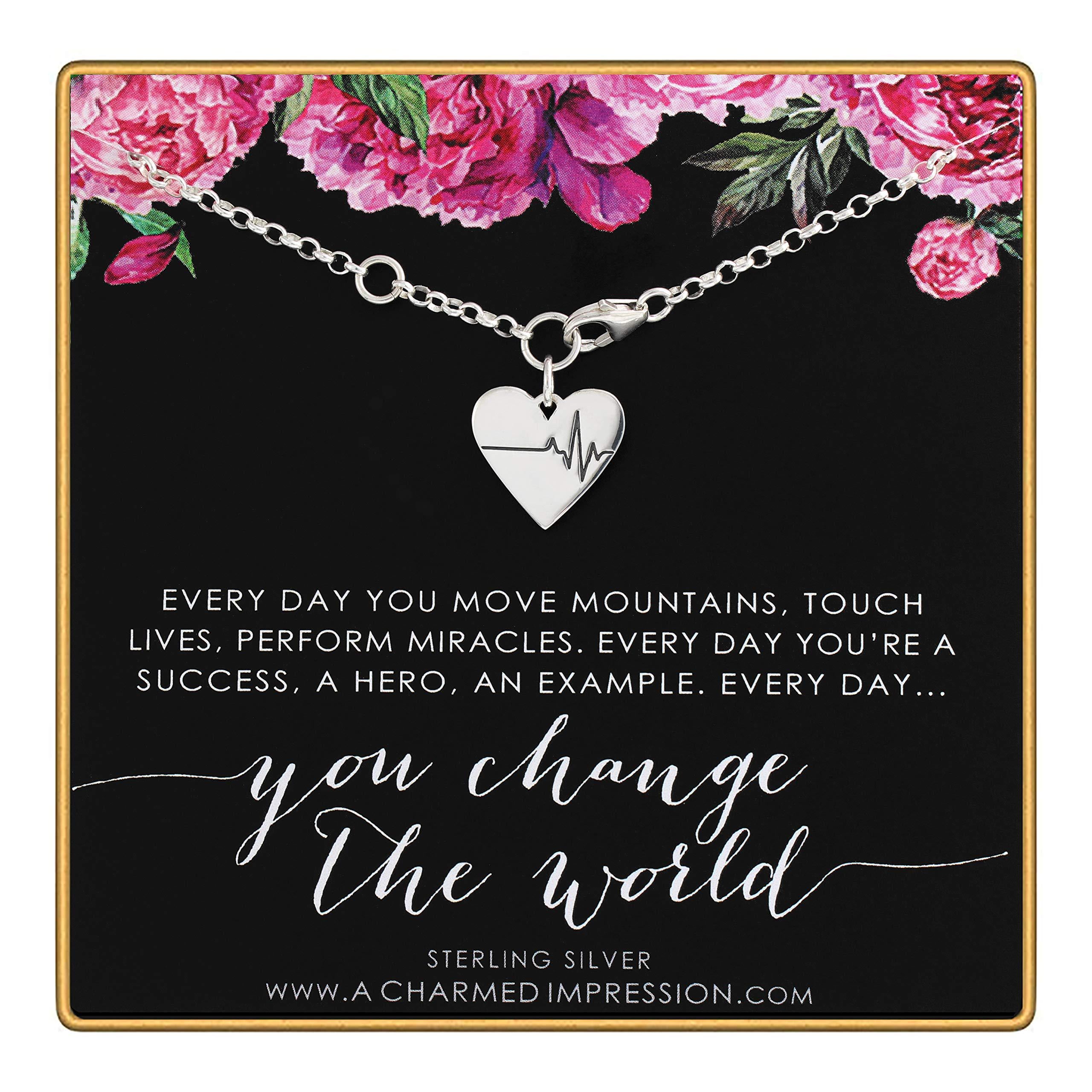 Everyday You Change the World  Sterling Silver EKG Heart Bracelet  Appreciation Gratitude Gift for Medical Health Care Professional