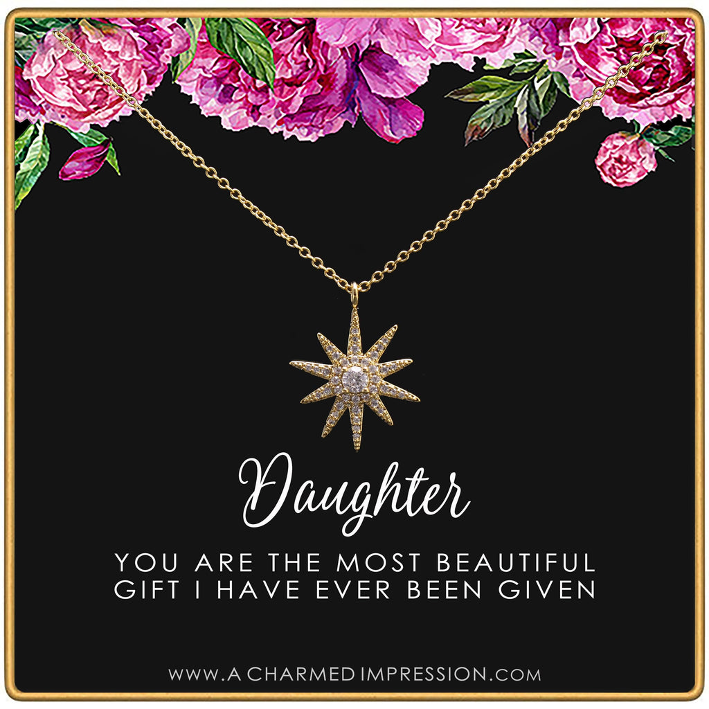 Daughter Necklace: 14k Gold Starburst Charm, Birthday Gift
