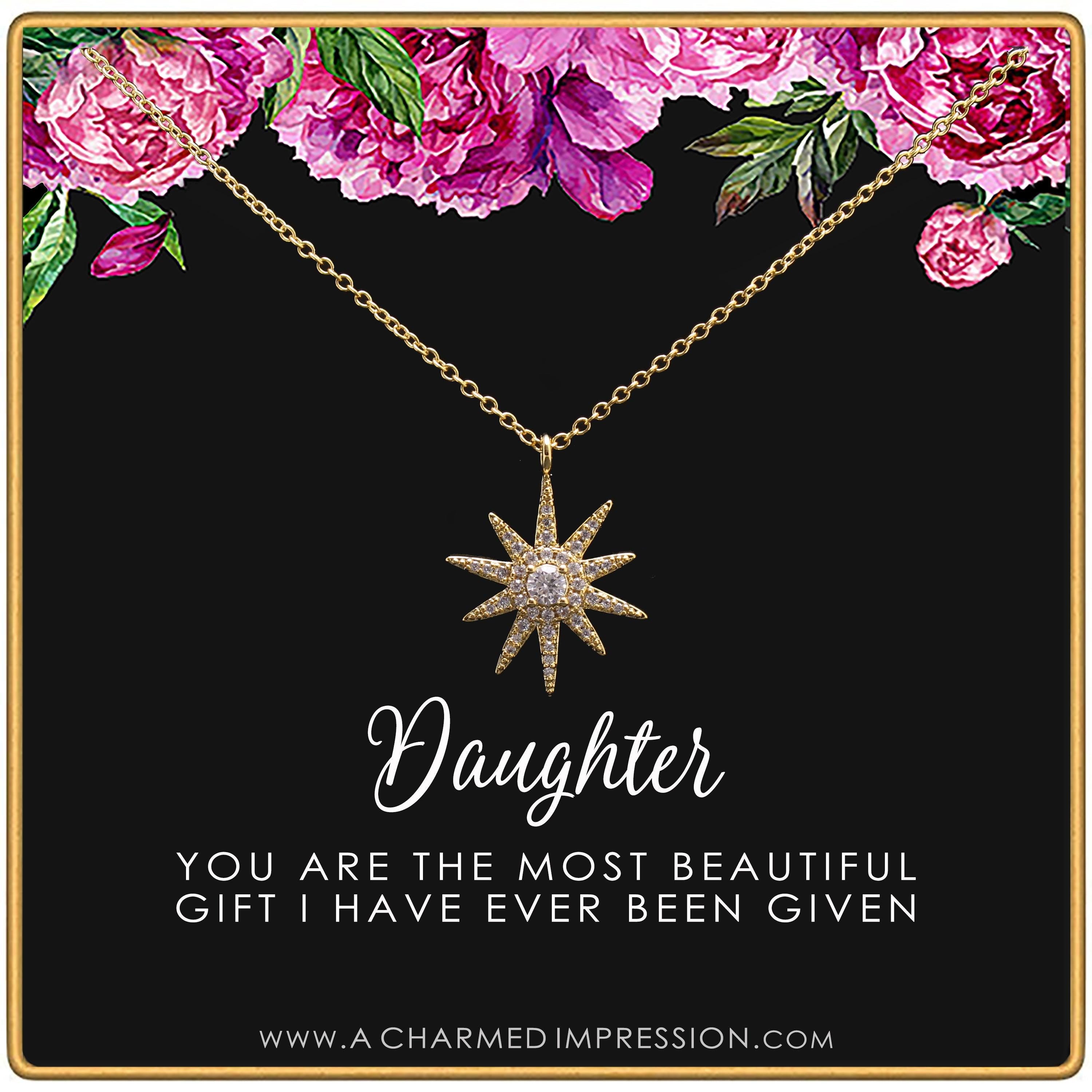 Daughter Necklace: 14k Gold Starburst Charm, Birthday Gift