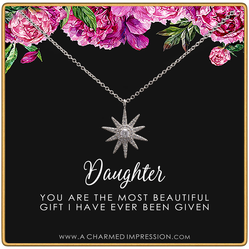 Daughter Necklace: 14k Gold Starburst Charm, Birthday Gift