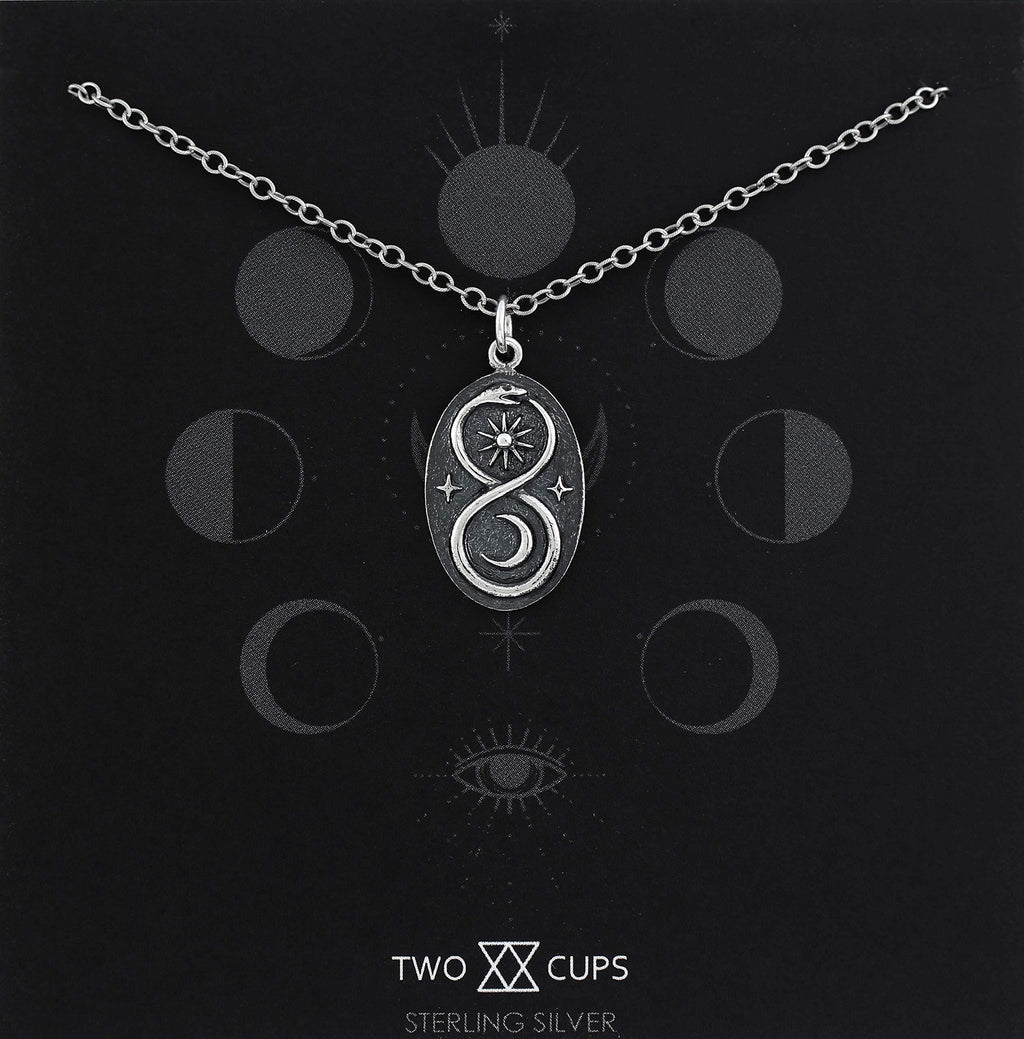 Two Cups Sterling Silver Infinity Ouroboros Snake Pendant on Antiqued Sterling Silver Chain  Sun Moon Lunar Circle