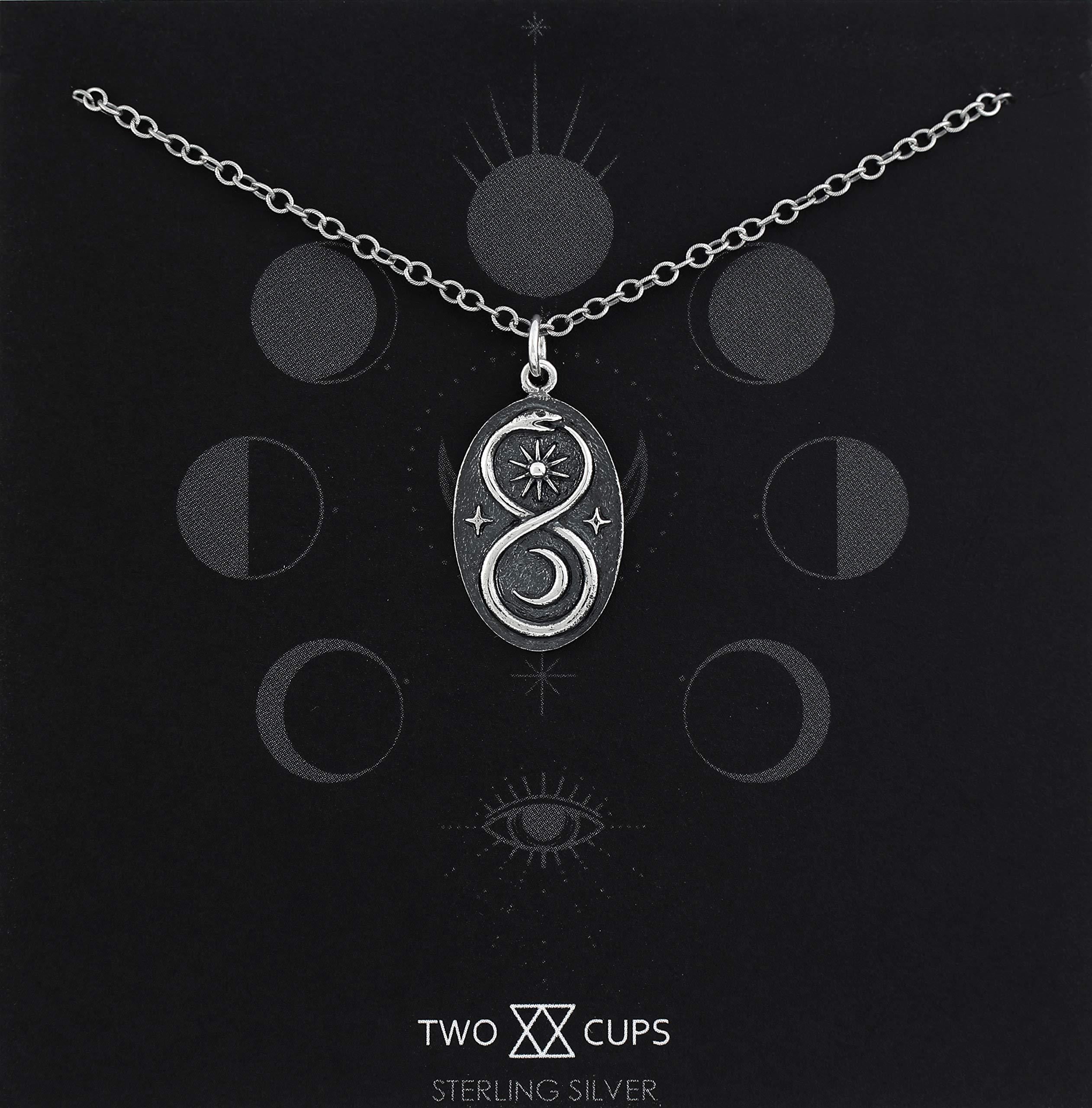 Two Cups Sterling Silver Infinity Ouroboros Snake Pendant on Antiqued Sterling Silver Chain  Sun Moon Lunar Circle