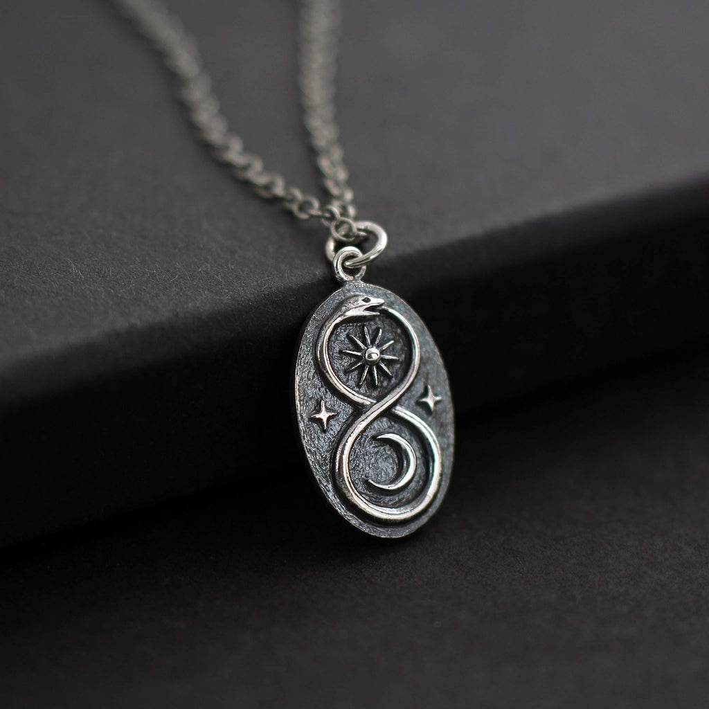 Two Cups Sterling Silver Infinity Ouroboros Snake Pendant on Antiqued Sterling Silver Chain  Sun Moon Lunar Circle