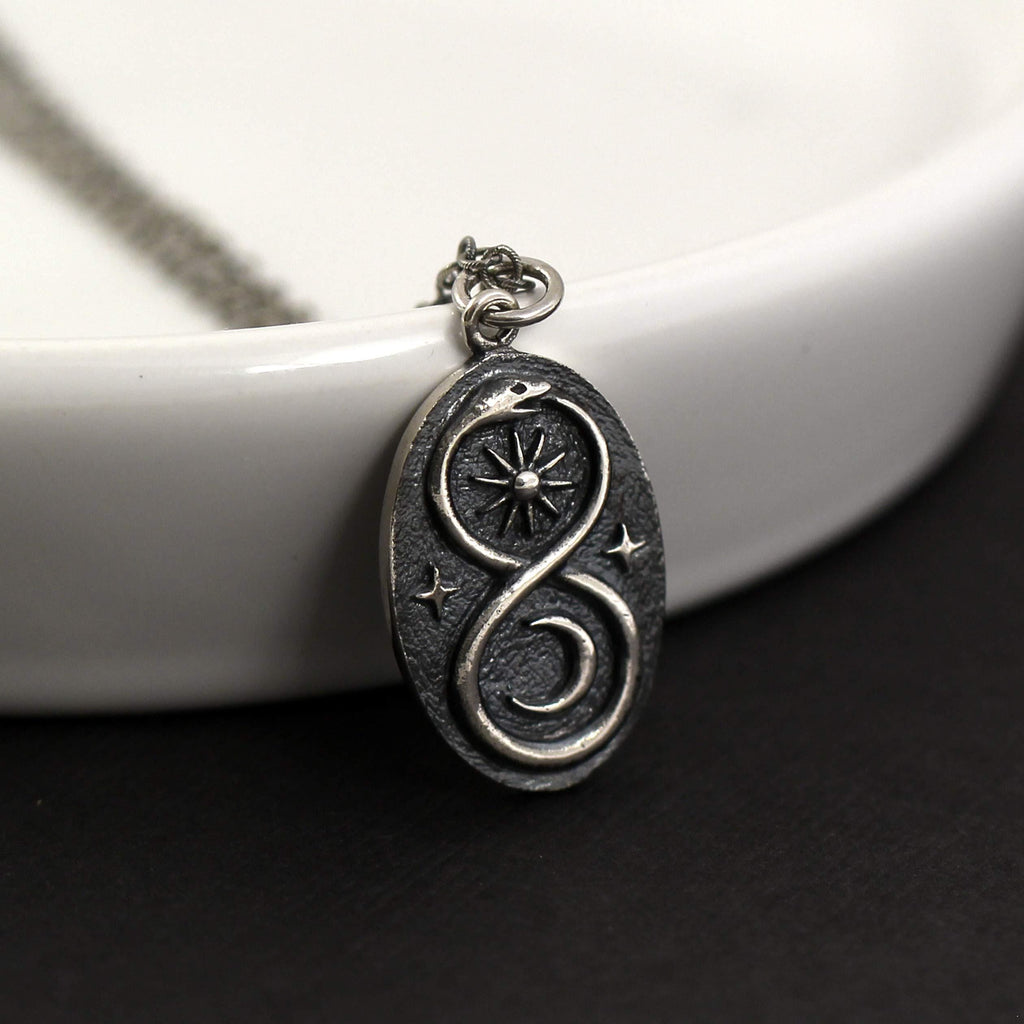 Two Cups Sterling Silver Infinity Ouroboros Snake Pendant on Antiqued Sterling Silver Chain  Sun Moon Lunar Circle