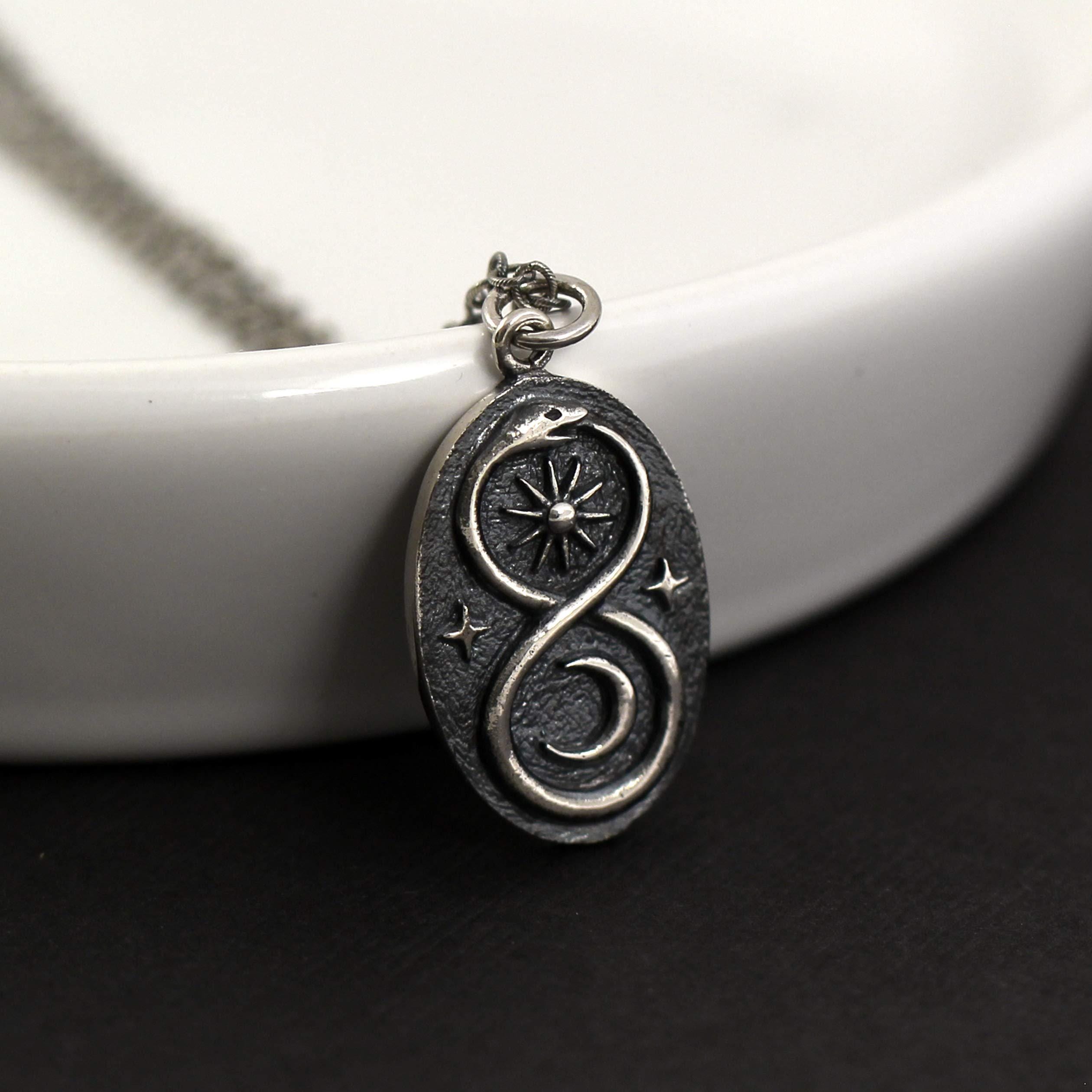 Two Cups Sterling Silver Infinity Ouroboros Snake Pendant on Antiqued Sterling Silver Chain  Sun Moon Lunar Circle