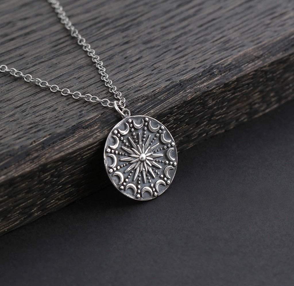 Sterling Silver Sun & Moon Mandala Necklace: Celestial Pendant