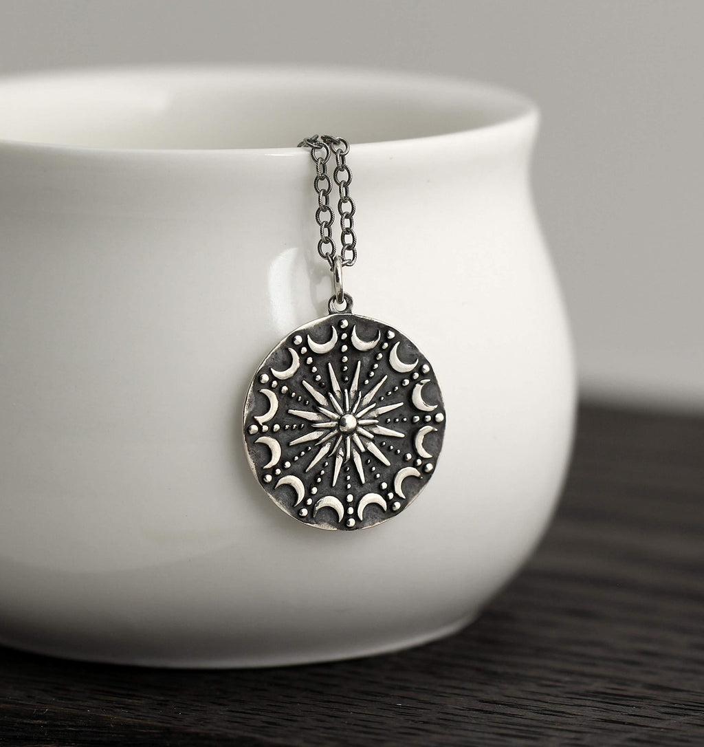 Sterling Silver Sun & Moon Mandala Necklace: Celestial Pendant