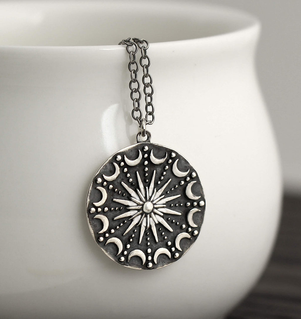 Sterling Silver Sun & Moon Mandala Necklace: Celestial Pendant