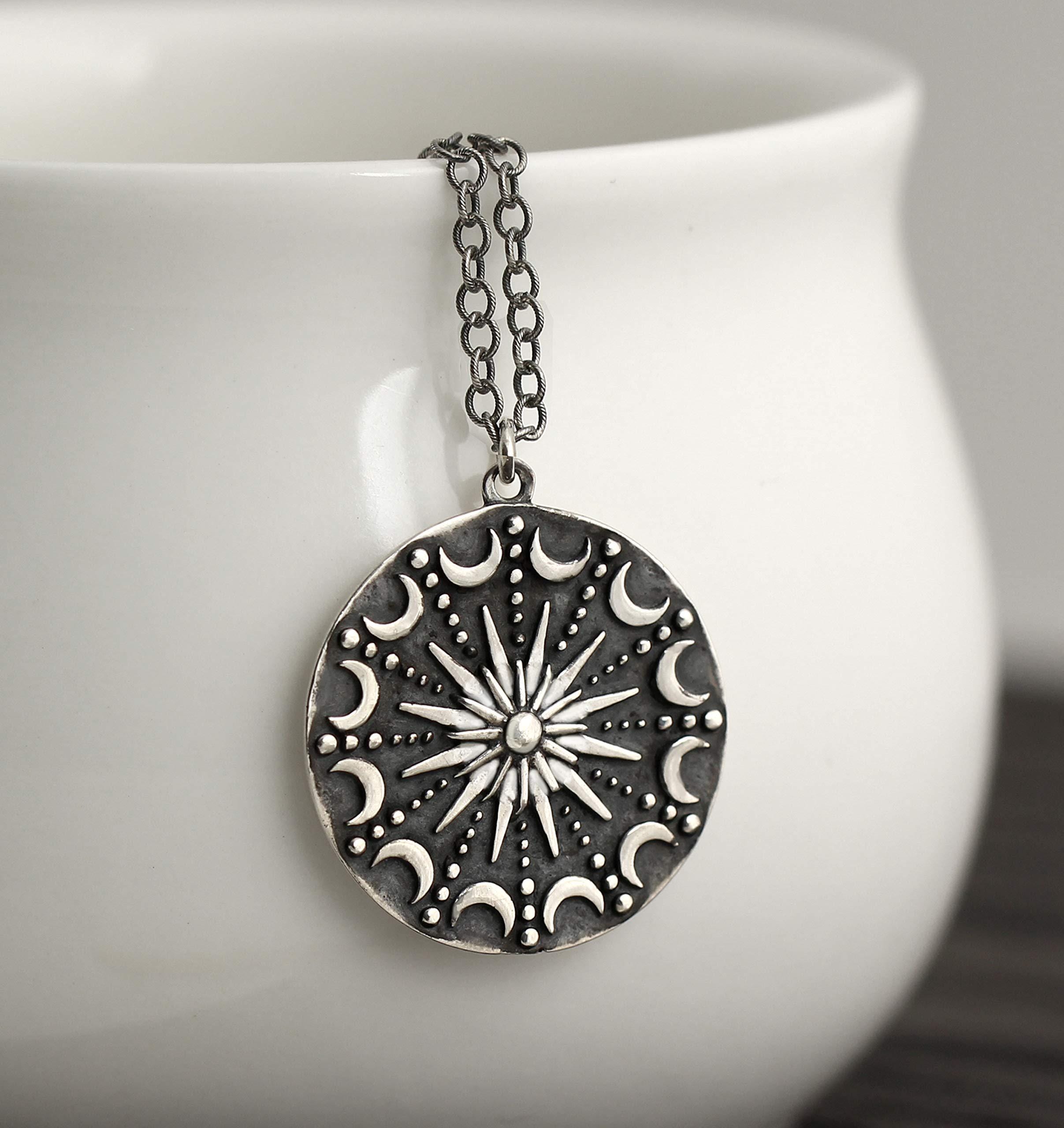 Sterling Silver Sun & Moon Mandala Necklace: Celestial Pendant