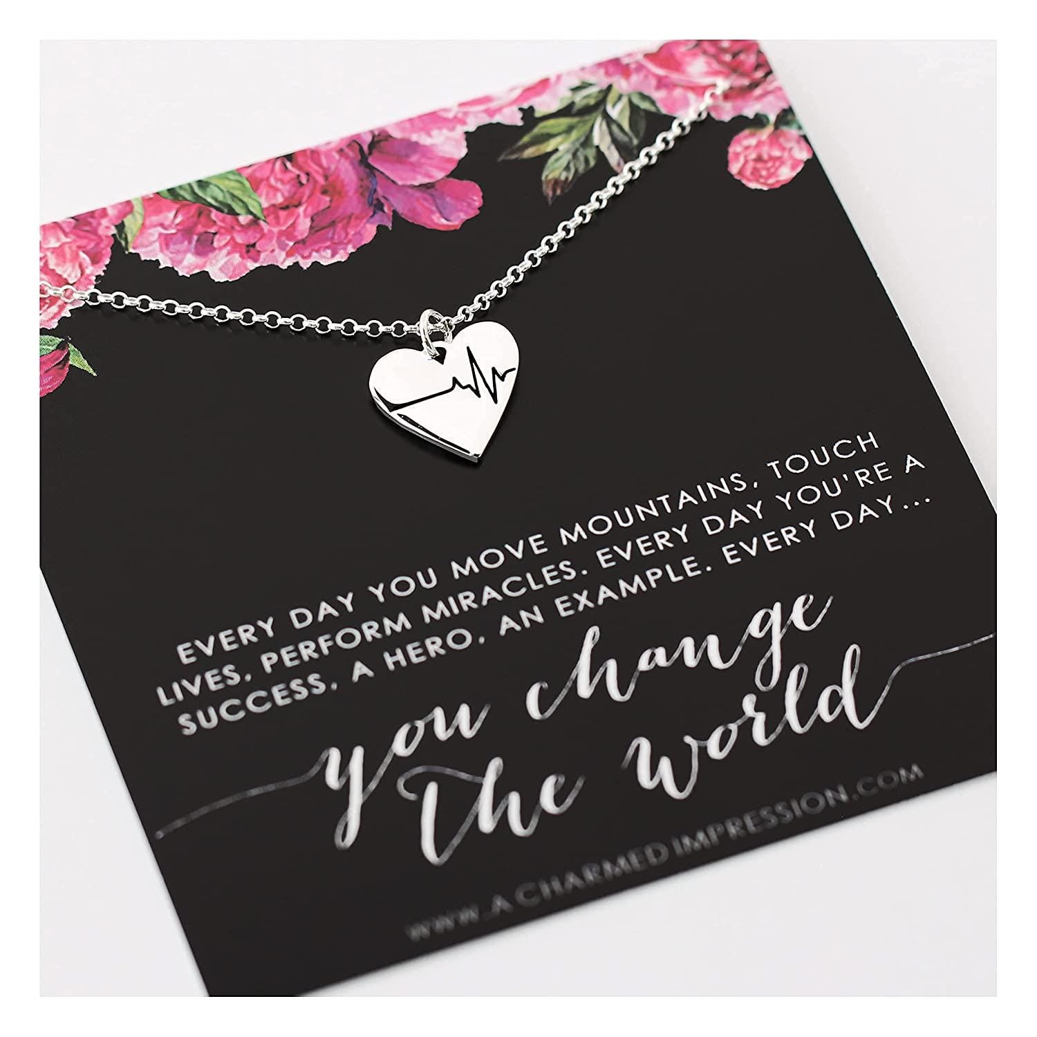 Everyday You Change the World  Silver EKG Heart Charm Necklace  Gift for Medical Health Care Professional  Med Student Gifts