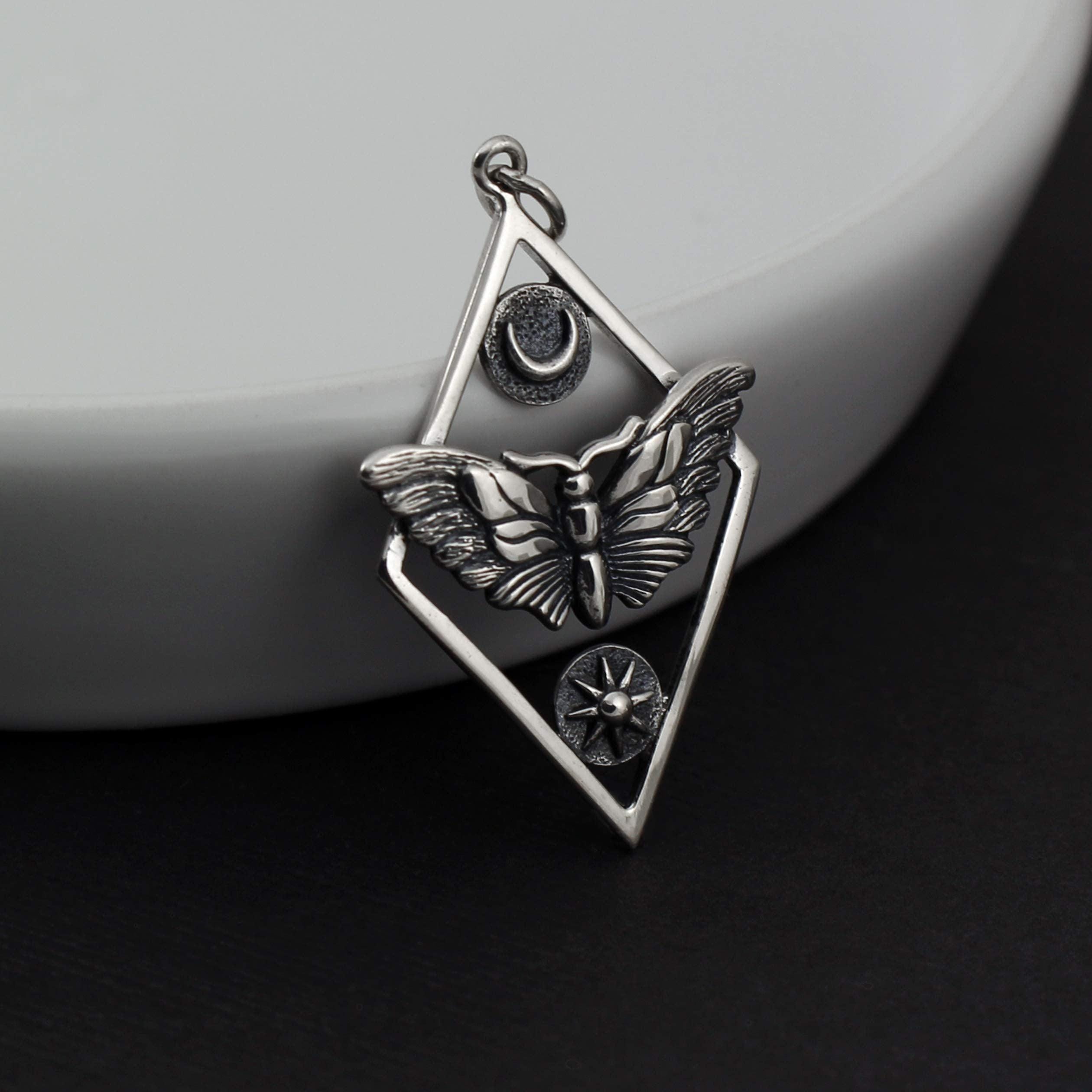 Sterling Silver Moth Pendant: Sun and Moon Charm
