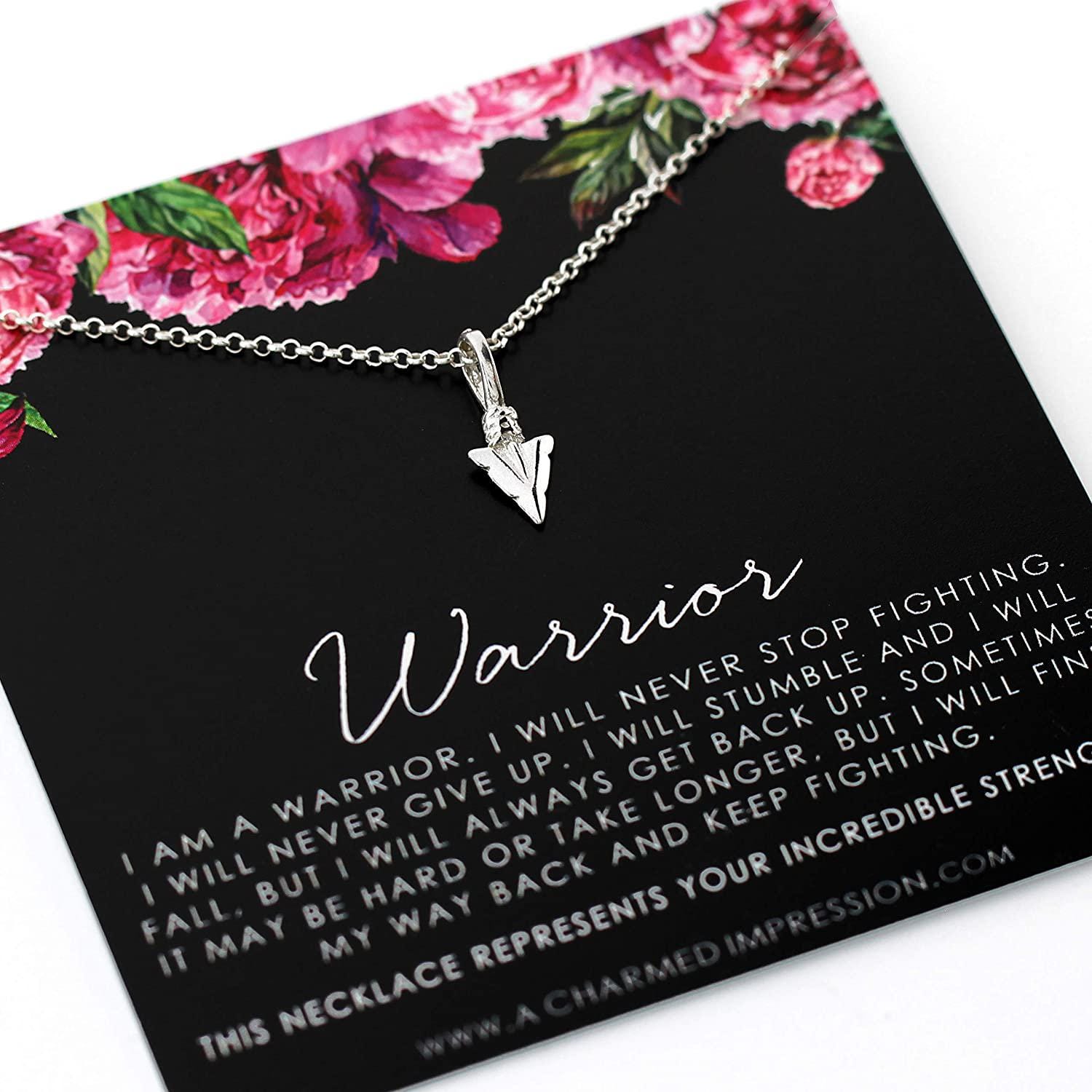 Warrior Jewelry  Encouragement Gifts for Women  Silver Arrowhead Necklace  Never Stop Fighting  Sobriety Infertility ****