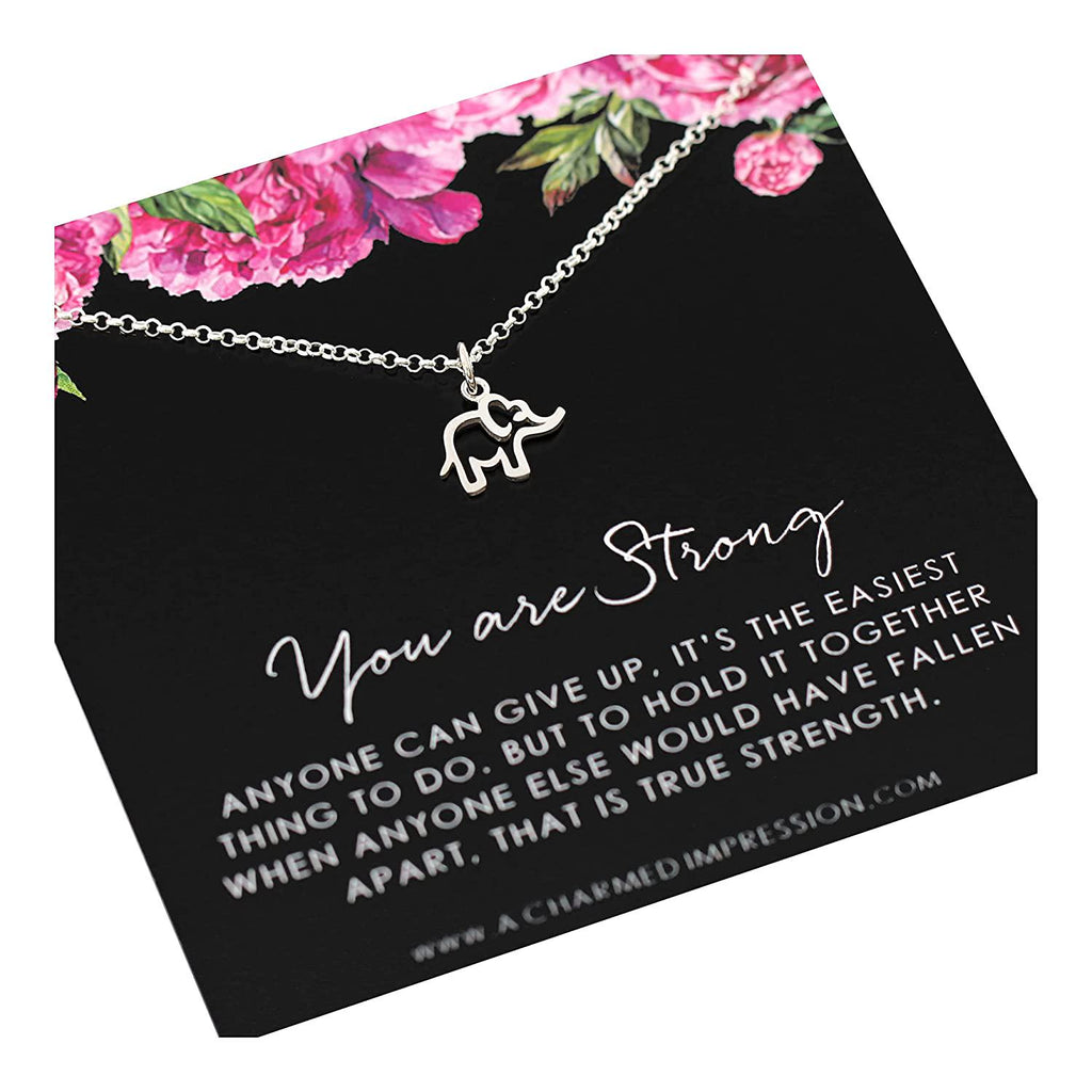 You Are Strong Necklace: Inspirational Silver Elephant Pendant