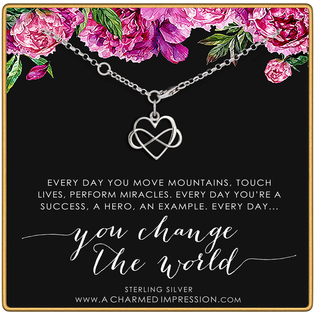 Sterling Silver Infinity Heart Bracelet Motivational Women Gift Change The World Quote Adjustable Wrist Empowerment Jewelry