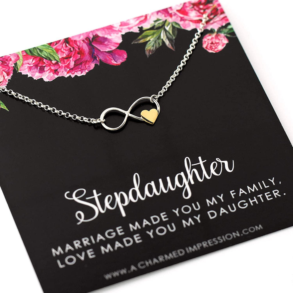 Stepdaughter Gift: Sterling Silver Infinity Necklace with Gold Heart