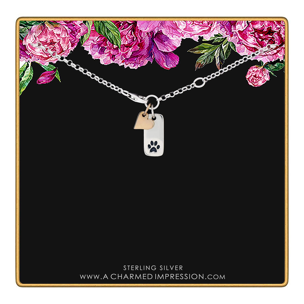 Sterling Silver Paw Print Bracelet: Gold Heart Charm, Dog Mom Gift