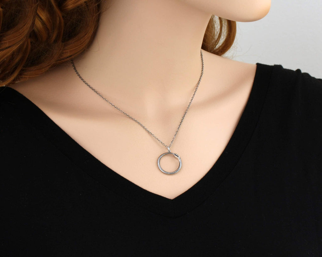Sterling Silver Ouroboros Necklace  Serpent Circle Pendant  Silver Snake Jewelry
