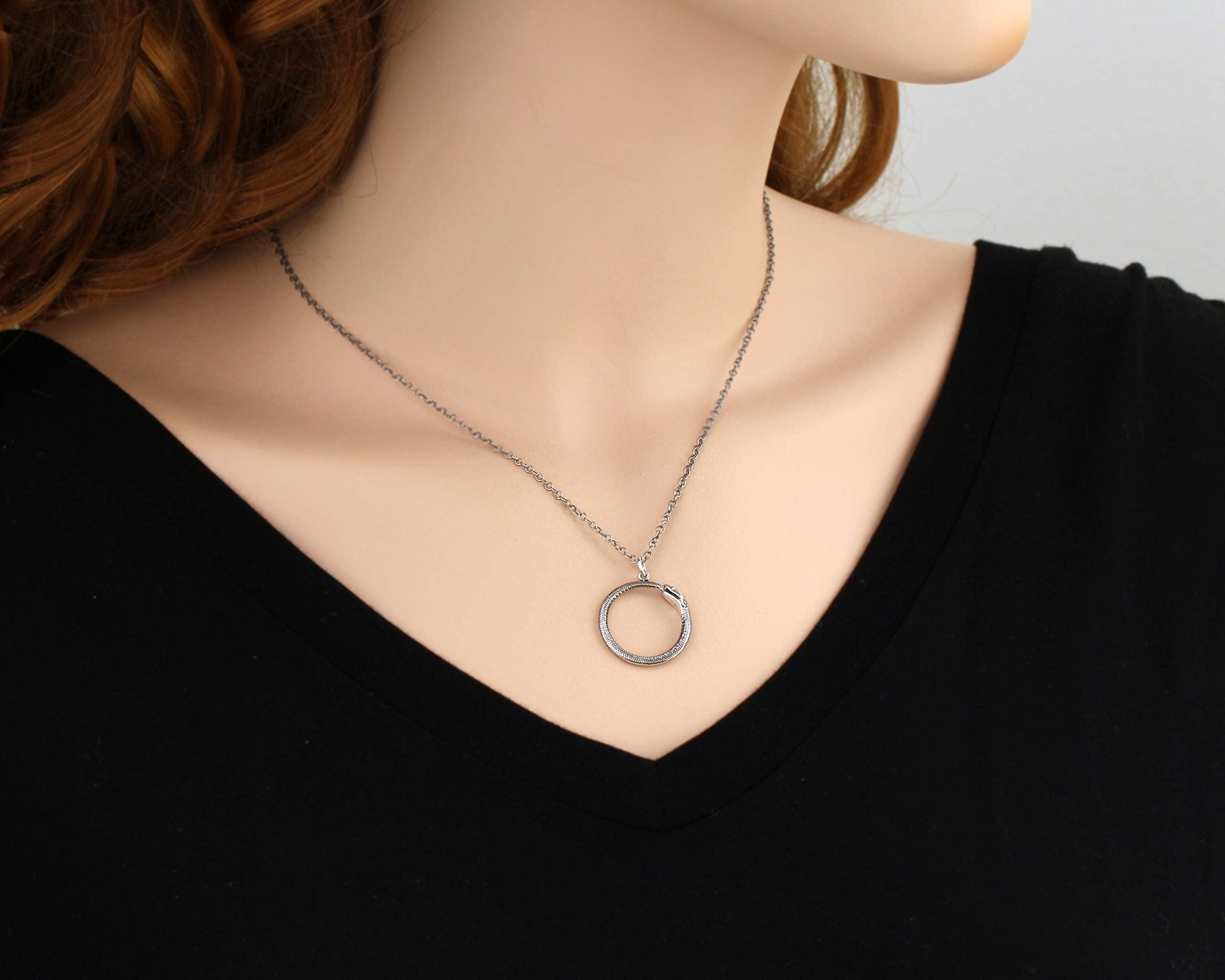 Sterling Silver Ouroboros Necklace  Serpent Circle Pendant  Silver Snake Jewelry