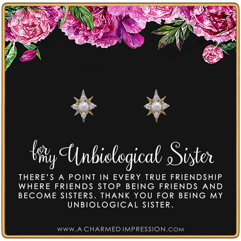Pearl Starburst Earrings: Gold or Silver, Unbiological Sister Gift