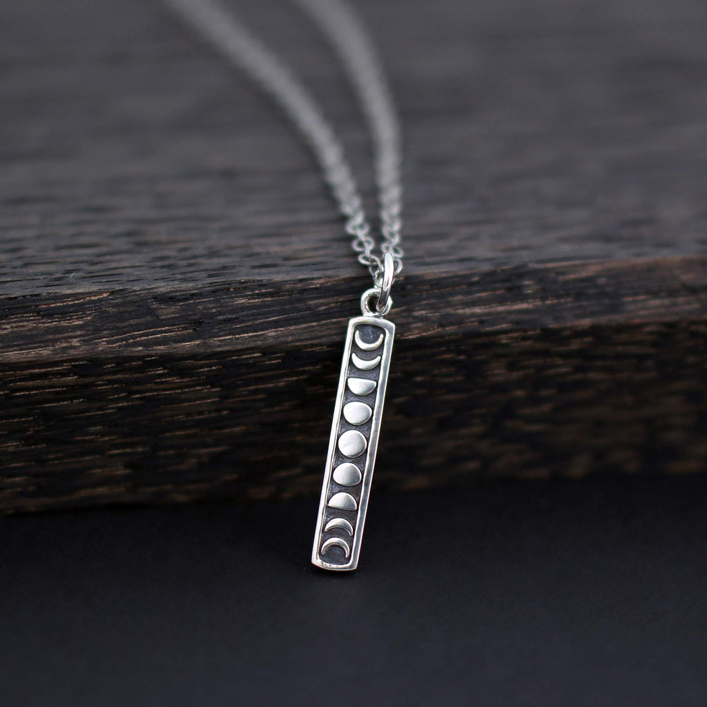 Sterling Silver Moon Phase Necklace: Etched Lunar Jewelry