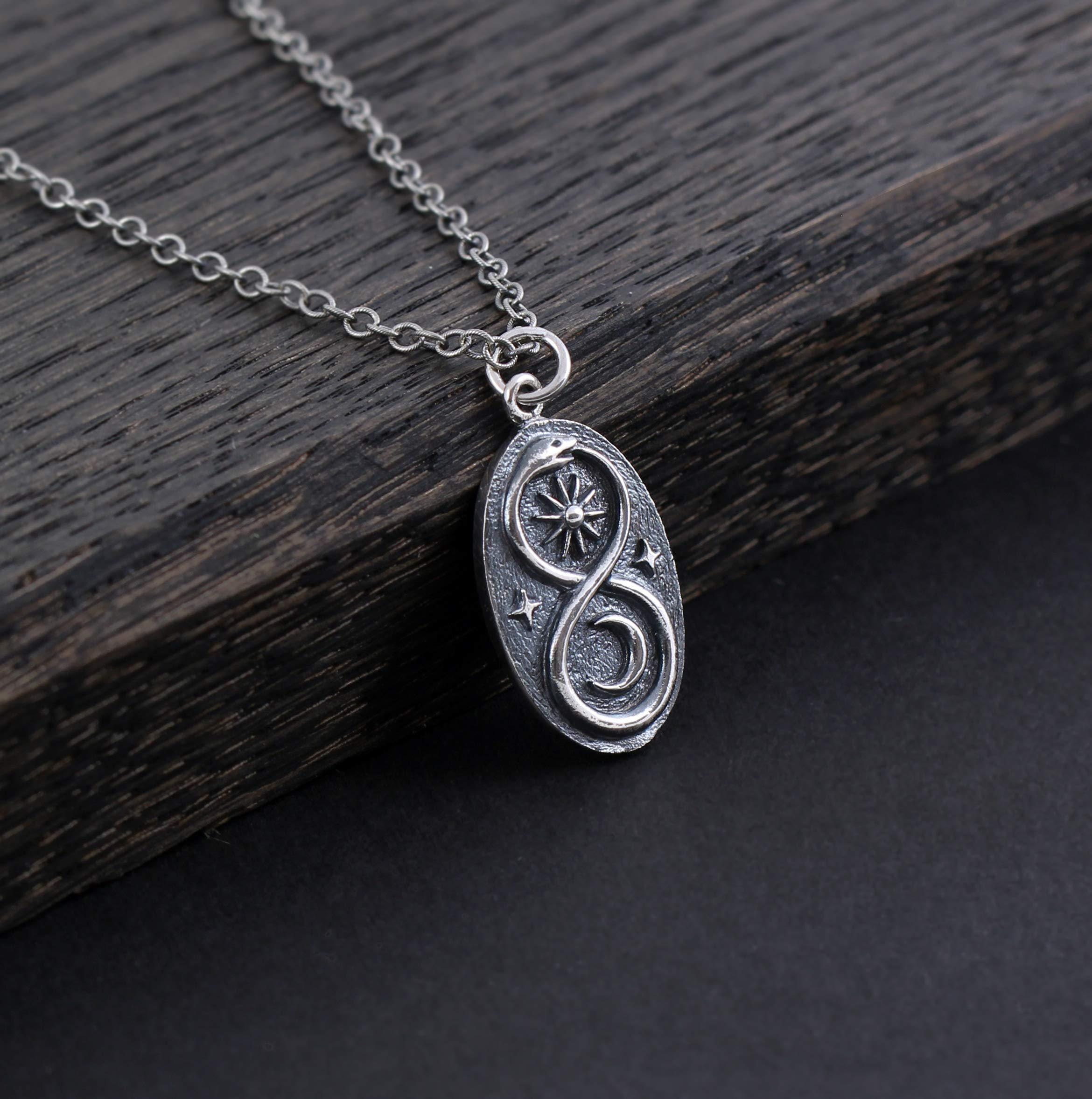 Two Cups Sterling Silver Infinity Ouroboros Snake Pendant on Antiqued Sterling Silver Chain  Sun Moon Lunar Circle