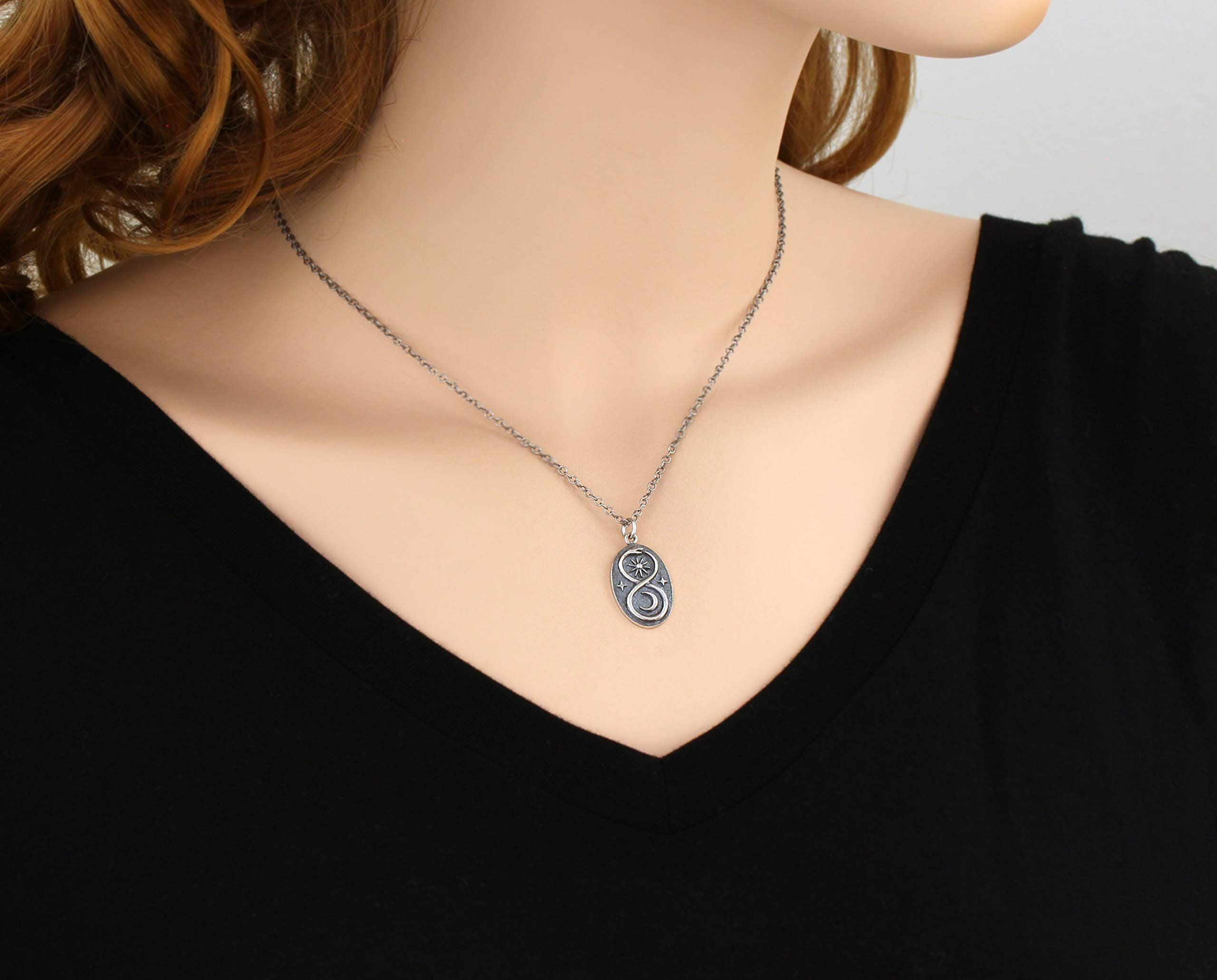 Two Cups Sterling Silver Infinity Ouroboros Snake Pendant on Antiqued Sterling Silver Chain  Sun Moon Lunar Circle