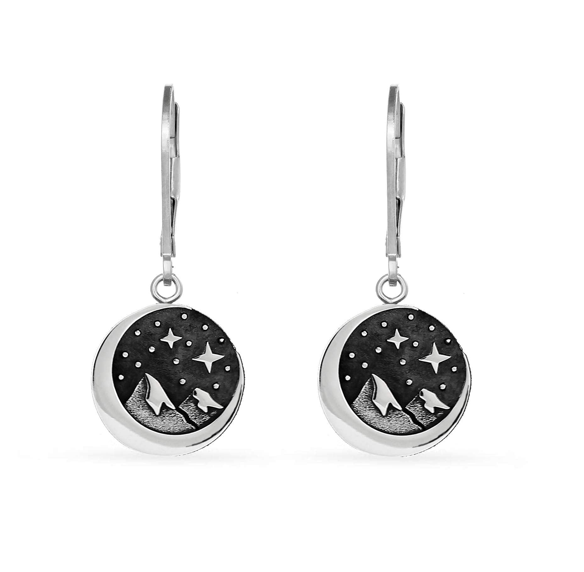Sterling Silver Star Moon Mountain Earrings: Winter Night Leverbacks