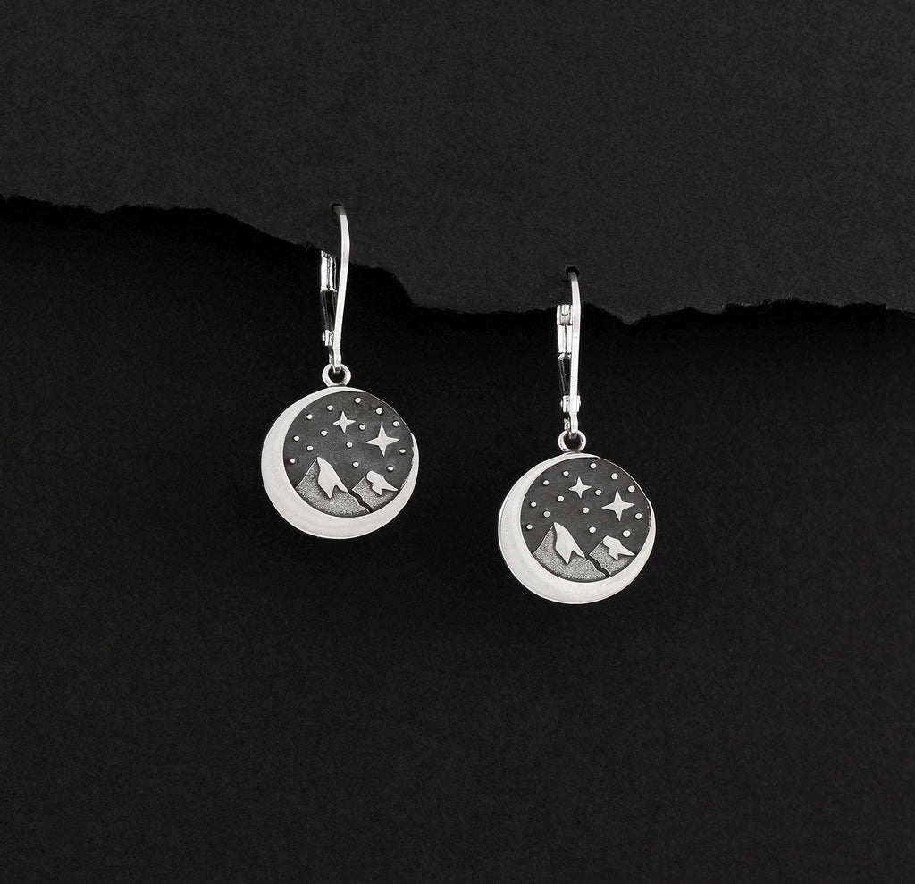 Sterling Silver Star Moon Mountain Earrings: Winter Night Leverbacks