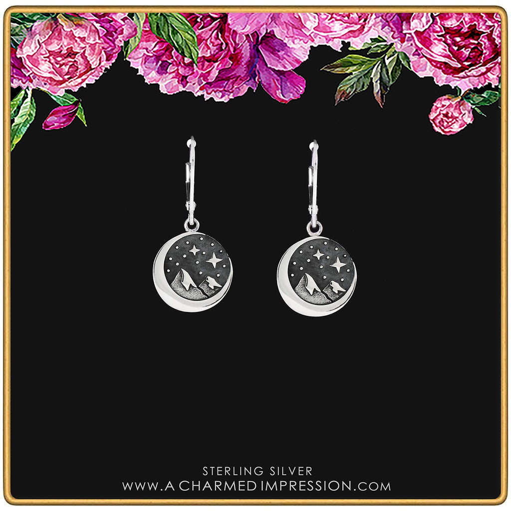 Sterling Silver Star Moon Mountain Earrings: Winter Night Leverbacks