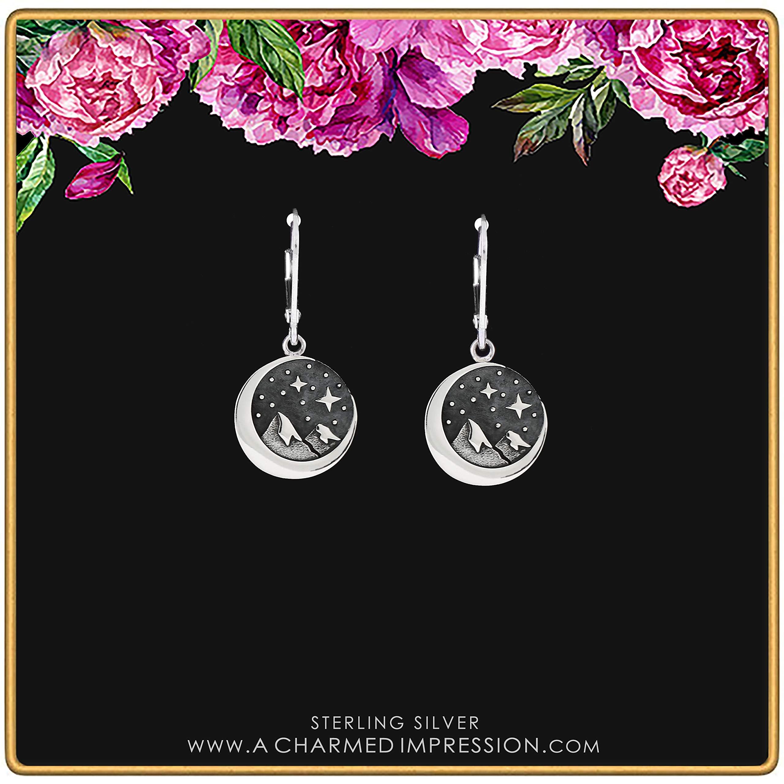 Sterling Silver Star Moon Mountain Earrings: Winter Night Leverbacks