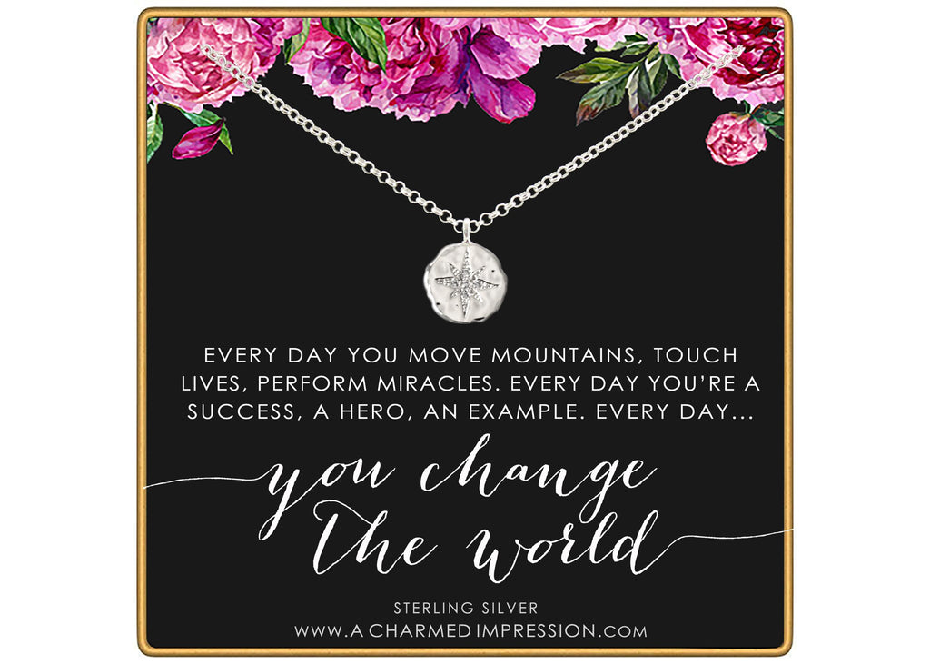 Inspirational Diamond Starburst Necklace: Sterling Silver North Star Compass