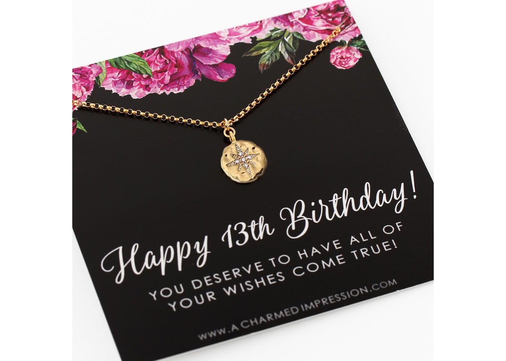 13th Birthday Gift: Gold Starburst Necklace - CZ Diamond Keepsake