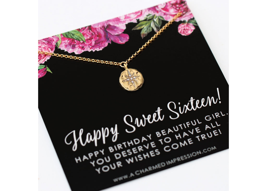 Sweet 16 Necklace: 14k Gold Diamond Starburst Pendant