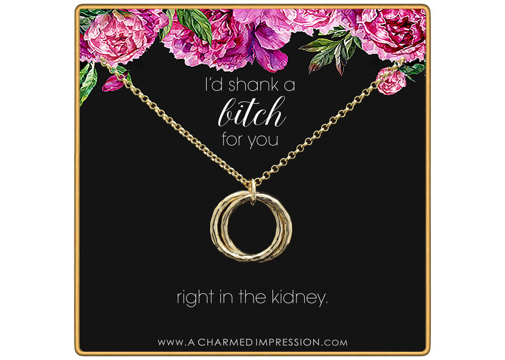 Sassy Sister Necklace Hammered Double Rings Silver or Gold - Funny Best Friend Gift with Shank Card