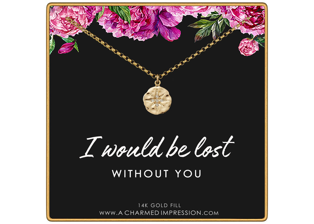 Romantic Anniversary Gift Wife Girlfriend North Star CZ Starburst Charm Necklace Sterling Silver Gold Fill - "I Would Be Lost Without You"