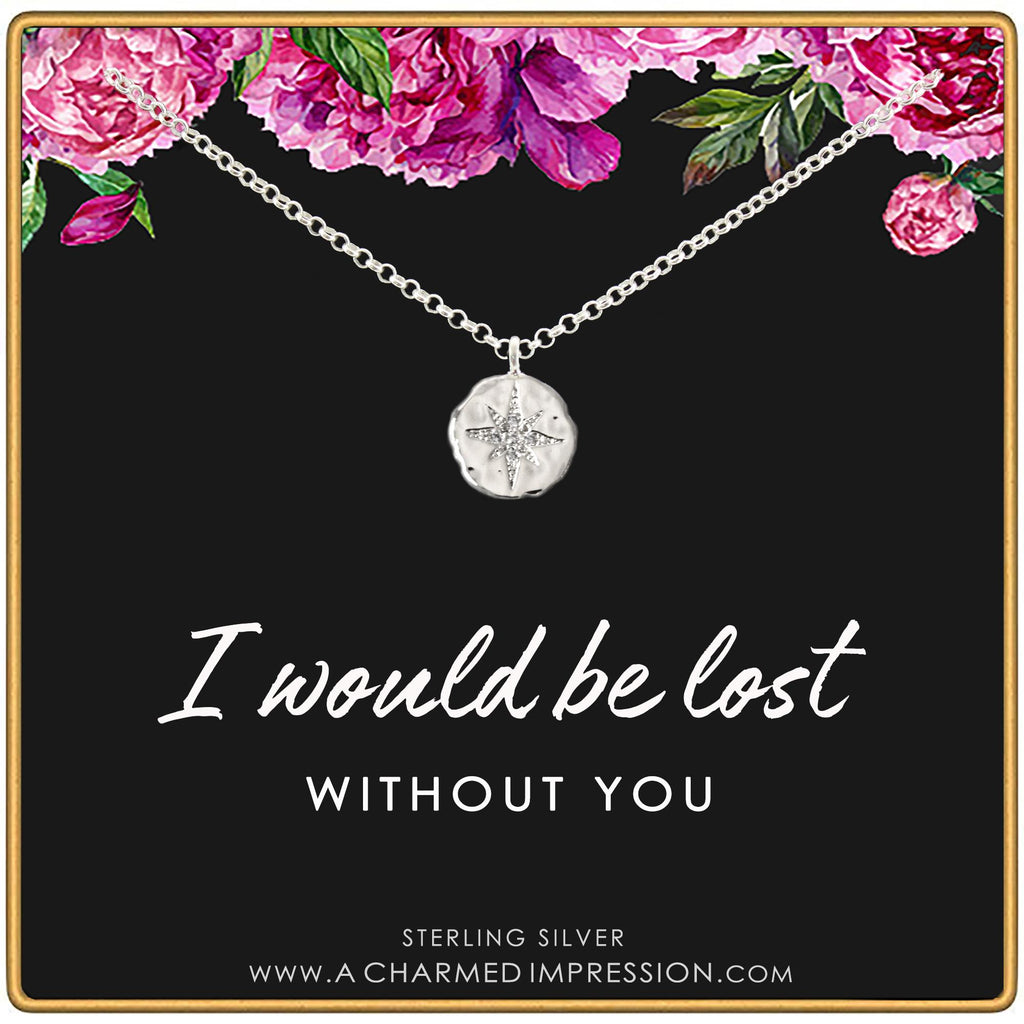 Graduation North Star CZ Necklace Sterling Silver 14k Gold - "I Would Be Lost Without You" Adventurer Gift Card Bundle