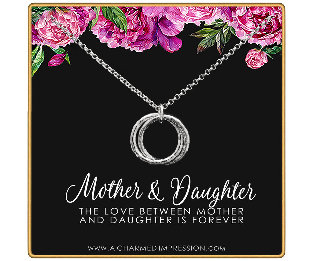 Mother Daughter Necklace: Sterling Silver or 14k Gold Filled Hammered Interlocking Circles Pendant