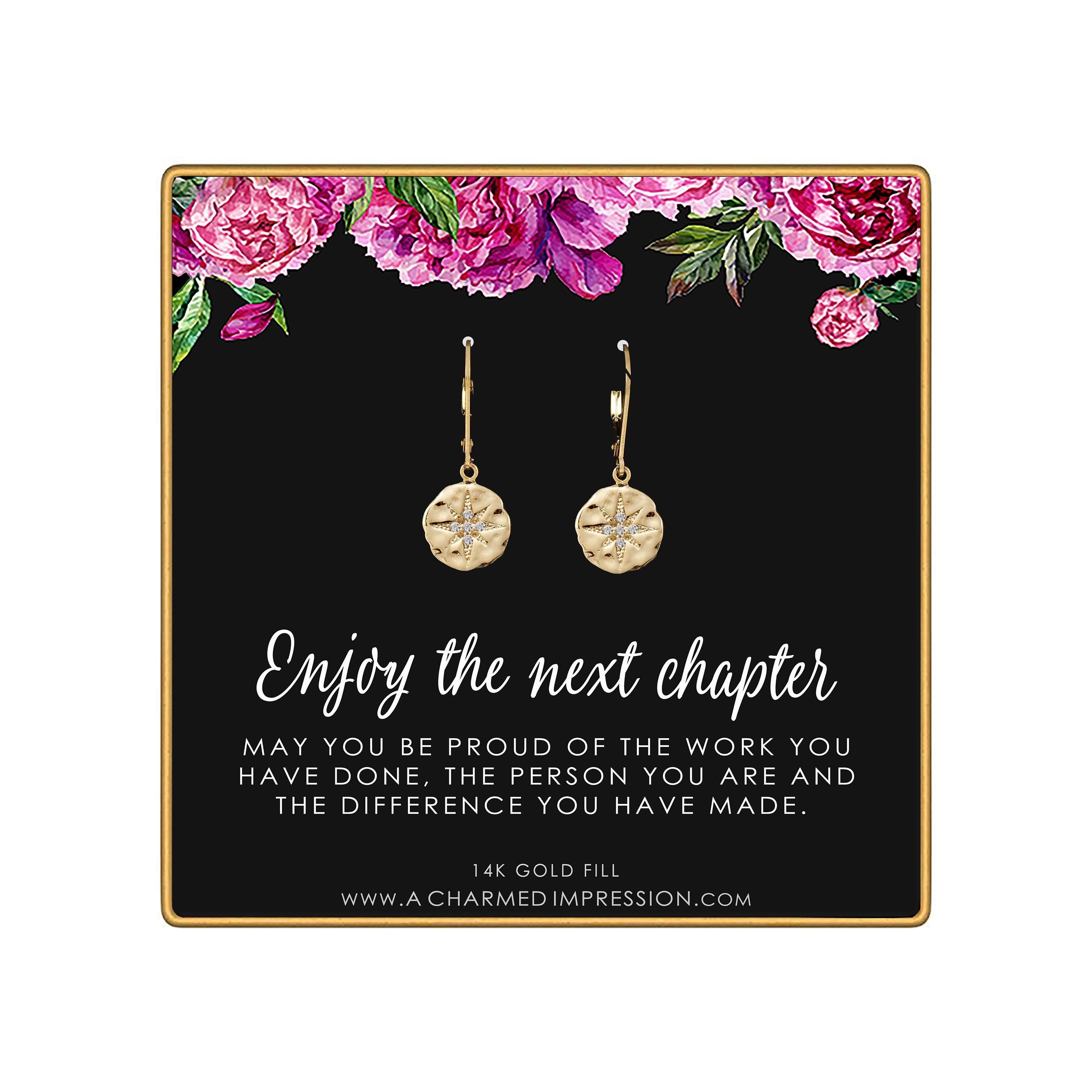 Retirement Gift for Women, Enjoy the Next Chapter Earrings, Gold Diamond Starburst Jewelry, Congratulations Retirement Gift for Her