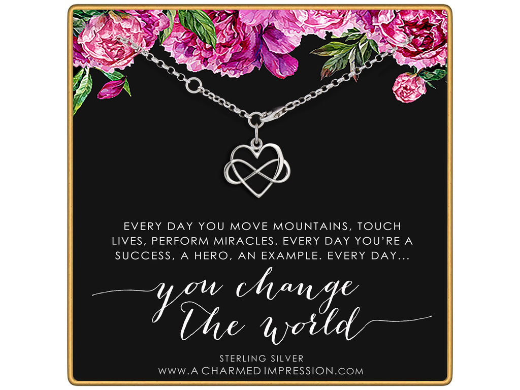 Sterling Silver Infinity Heart Bracelet Motivational Women Gift Change The World Quote Adjustable Wrist Empowerment Jewelry