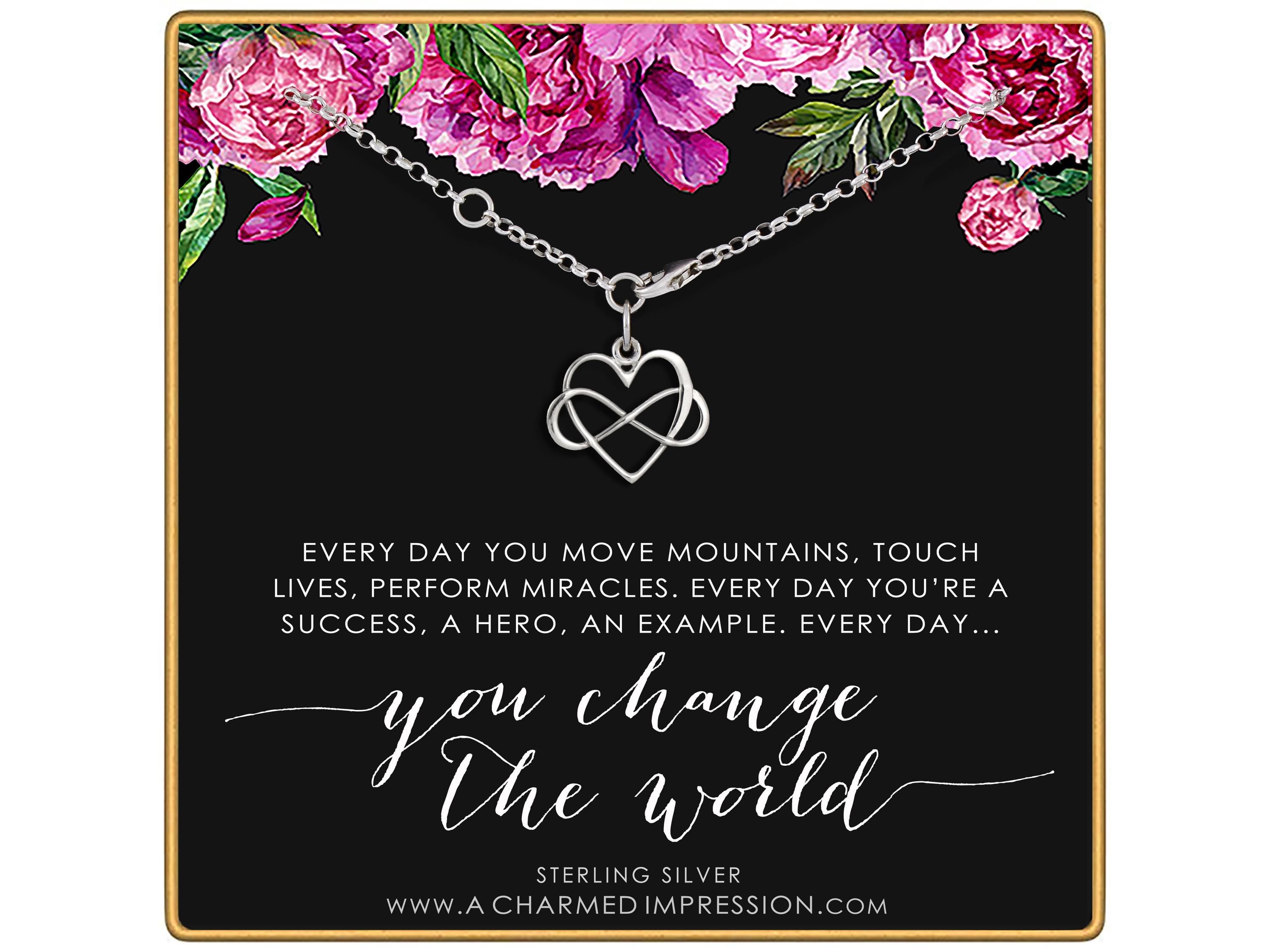 Sterling Silver Infinity Heart Bracelet Motivational Women Gift Change The World Quote Adjustable Wrist Empowerment Jewelry