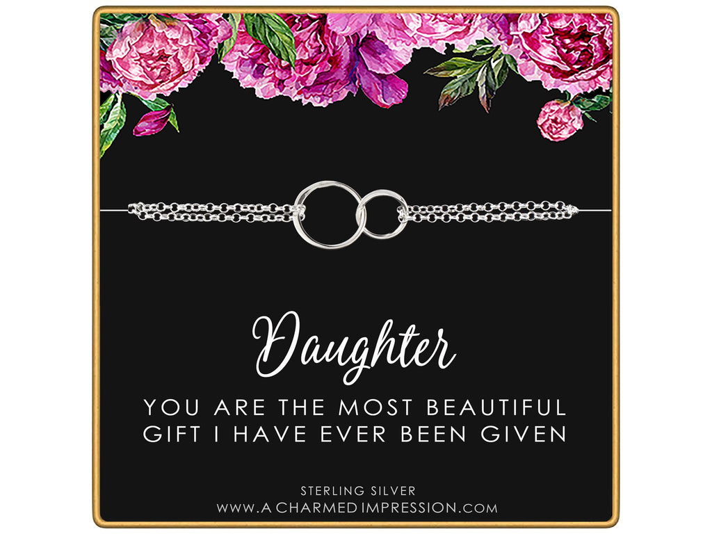 Sterling Silver Interlocking Circles Bracelet Daughter Gift From Mom 14k Gold Fill Option Beautiful Gift Quote Adjustable Wrist